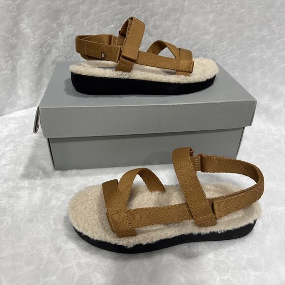 EVERLANE Womens Sandals Renew Teddy Sport Faux Fur Sherpa Lined Sz 5 Brown Strap - Picture 1 of 11